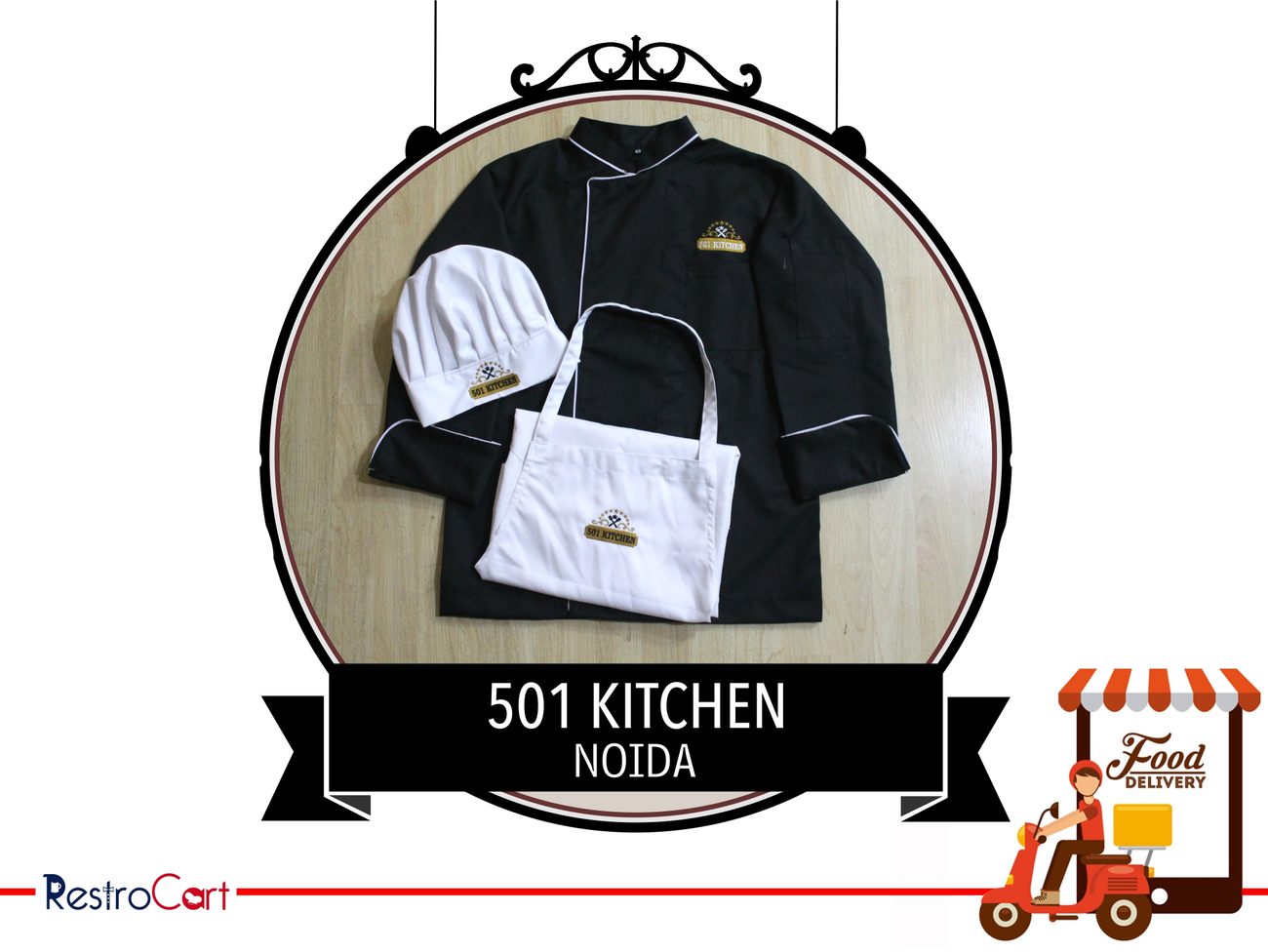 Black chef coat with white piping, white chef hat and white apron with logo patches, chef uniforms made for 501 Kitchen, Noida, by RestroCart