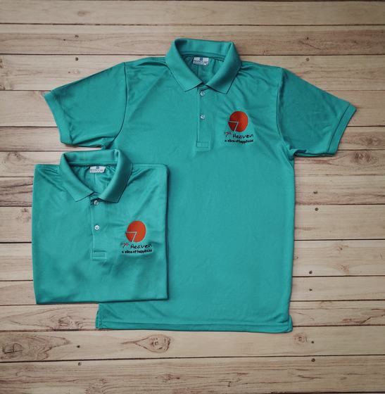 Mint blue dry-fit polo t-shirts with red and black printed chest logo, folded pair, custom made for 7th Heaven by RestroCart, New Delhi