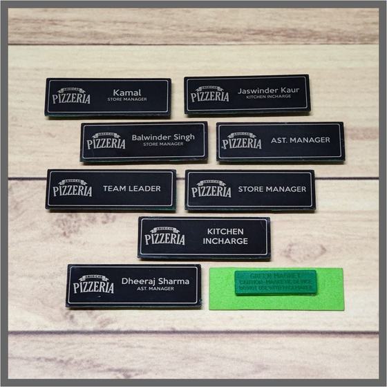 Badges & pins, custom staff badge made for American Pizzeria by RestroCart, New Delhi