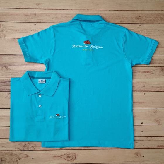 Turquoise polo t-shirts with brown and white printed logo on back and chest, custom made for Authentic Belgian Waffles by RestroCart, New Delhi