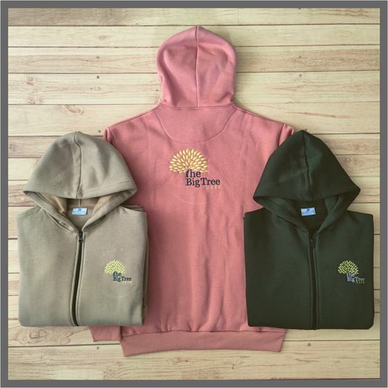 Beige and dark green zip hoodies with pink pullover hoodie, gold embroidered tree logo, custom made for Big Tree Cafe by RestroCart, New Delhi