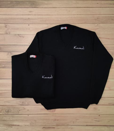 Black V-neck knit sweaters with white embroidered script logo, folded pair, custom made by RestroCart, New Delhi