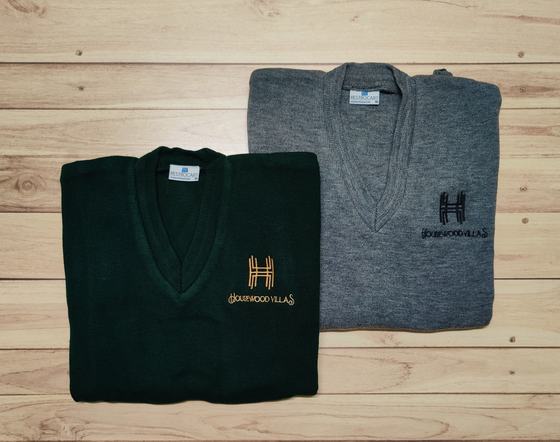 Bottle green and grey V-neck knit sweaters with gold and black embroidered logo, custom made by RestroCart, New Delhi