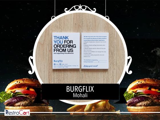 Thank-you & feedback cards, custom printed collateral made for Burgflix by RestroCart, New Delhi, view 2