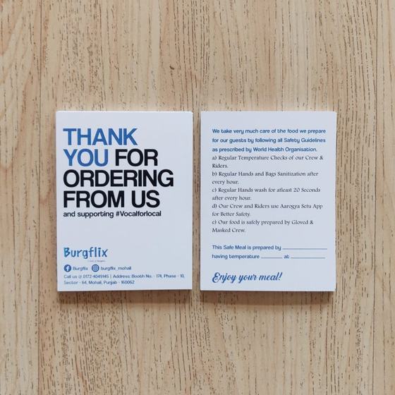 Thank-you & feedback cards, custom printed collateral made for Burgflix by RestroCart, New Delhi