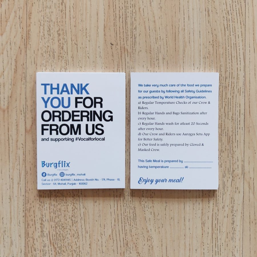 Printed 'Thank you for ordering from us' cards with hygiene assurances for Burgflix, Mohali, custom thank-you cards made by RestroCart