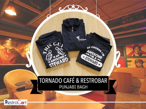 Black sweatshirt and two black t-shirts with white printed steward slogans, laid flat, custom made for Cafe Tornado by RestroCart, New Delhi