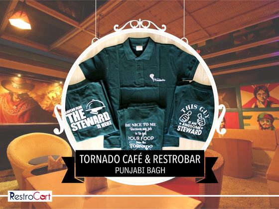 Dark green polo t-shirt and green t-shirts with white printed steward slogans, laid flat, custom made for Cafe Tornado by RestroCart, New Delhi