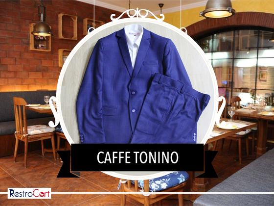 Royal blue two-piece suit with white shirt, jacket and trousers on a hanger, custom made for Caffe Tonino by RestroCart, New Delhi