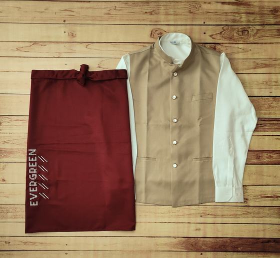 Beige Nehru waistcoat over white shirt beside maroon waist apron with vertical white print, custom made by RestroCart, New Delhi