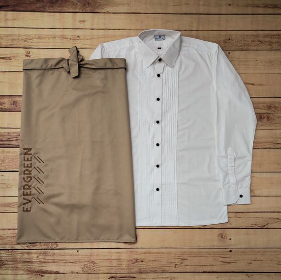 White pintuck front shirt with black buttons beside khaki waist apron with vertical grey print, custom made by RestroCart, New Delhi