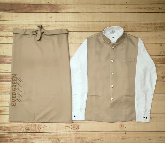 Khaki Nehru waistcoat over white shirt beside khaki waist apron with vertical grey print, custom made by RestroCart, New Delhi