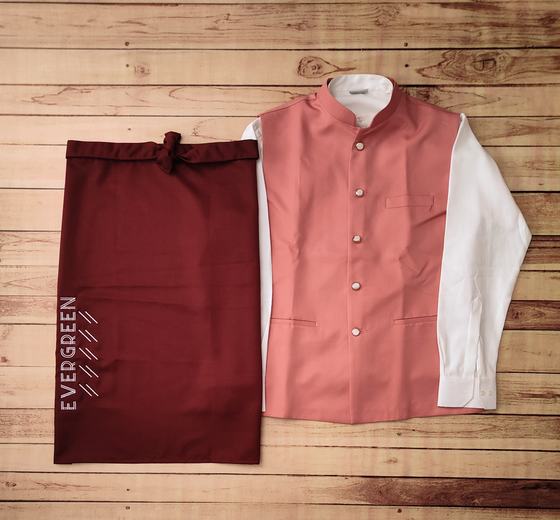 Pink Nehru waistcoat over white shirt beside maroon waist apron with vertical white print, custom made by RestroCart, New Delhi