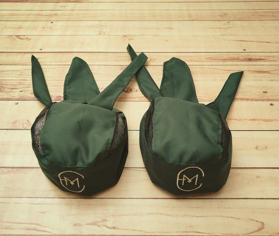 Dark green mesh-sided chef skull caps with back ties and gold printed monogram, custom made by RestroCart, New Delhi