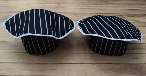 Navy and white pinstripe chef toque caps with white piped mushroom top, custom made by RestroCart, New Delhi