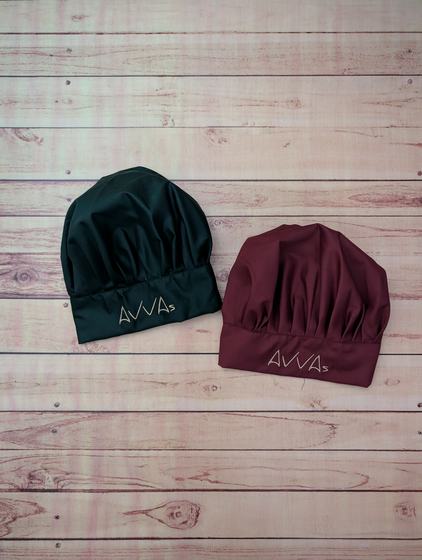 Pleated chef toque hats in dark green and maroon with printed name on the band, custom made by RestroCart, New Delhi