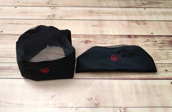 Black mesh-top chef beanie and black folded chef cap with red embroidered monogram, custom made by RestroCart, New Delhi