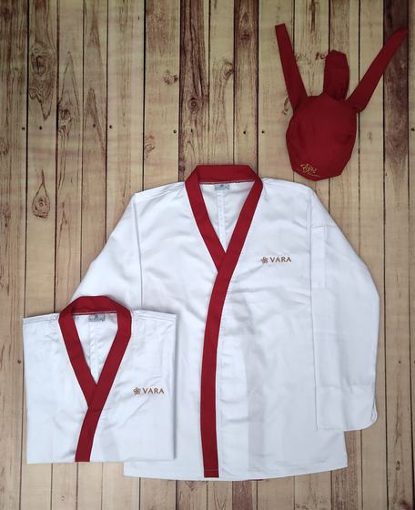 White kimono-style chef coats with red crossover collar band and matching red bandana cap, custom made by RestroCart, New Delhi