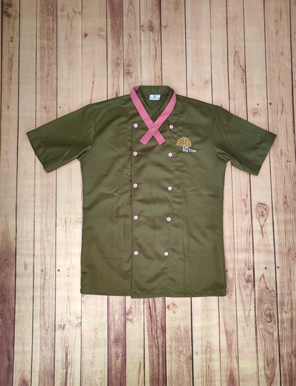 Olive green short-sleeve chef coat with pink crossover collar band and pink buttons, embroidered tree logo, custom made by RestroCart, New Delhi