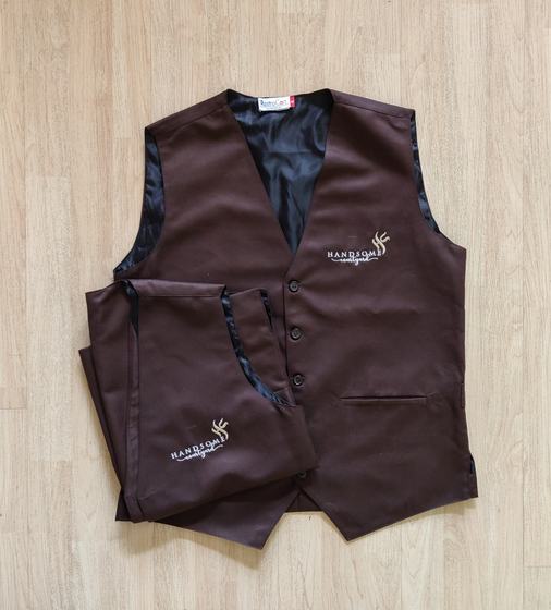 Coffee brown waistcoats with black lining and white embroidered logo, folded pair, custom made by RestroCart, New Delhi