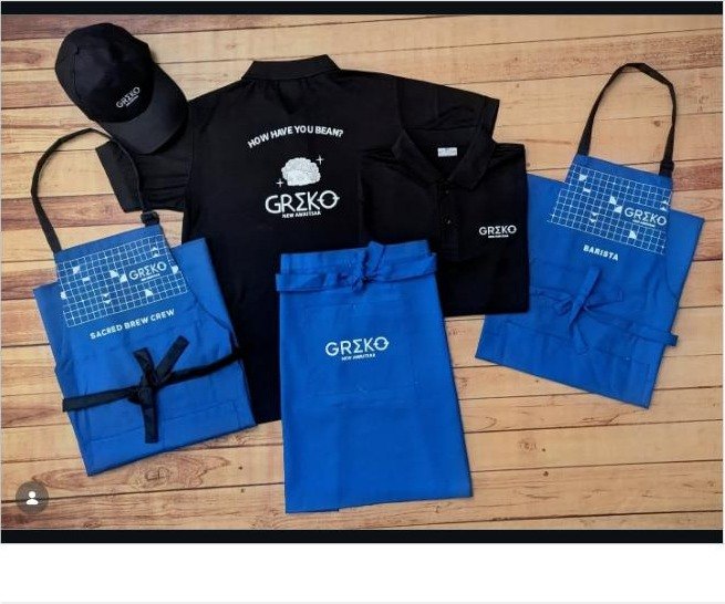 Barista uniforms, caps and blue canvas aprons for Greko Espresso Bar, Amritsar