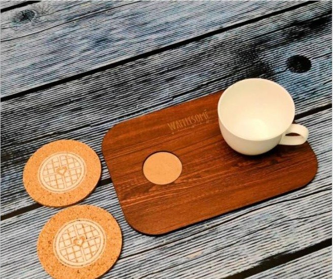 Cork coasters and MDF serving tray custom branded