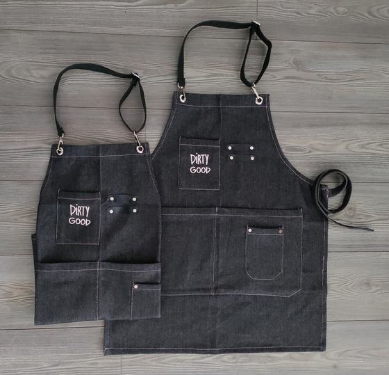 Black denim bib and waist apron pair with rivets, contrast stitching and white logo print, custom made for Dirty Good by RestroCart, New Delhi