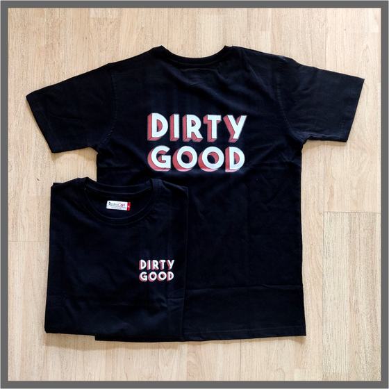 Black round neck t-shirts with bold pink and white lettering on back and small chest print, custom made for Dirty Good by RestroCart, New Delhi