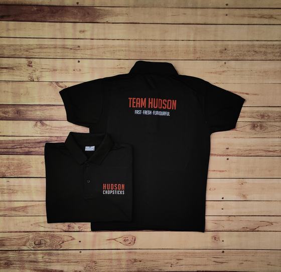 Black dry-fit polo t-shirts with red back print and chest logo, front and back, custom made by RestroCart, New Delhi