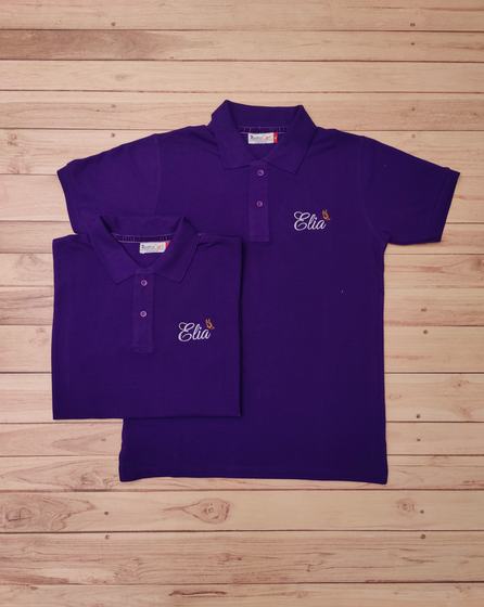 Purple polo t-shirts with white embroidered script chest logo, folded pair, custom made for Elia by RestroCart, New Delhi