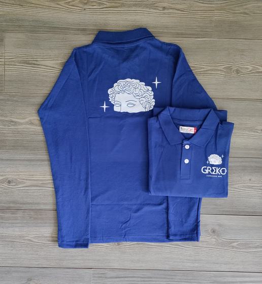 Royal blue full sleeve polo t-shirt with white printed sculpture back graphic and folded half sleeve polo, custom made by RestroCart, New Delhi