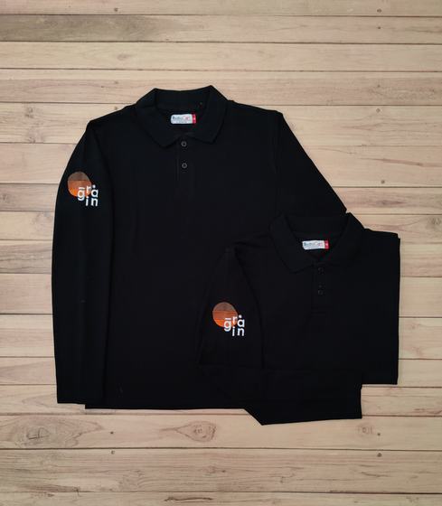 Black full-sleeve polo t-shirts with orange and black round logo on the sleeve and chest, custom made by RestroCart, New Delhi
