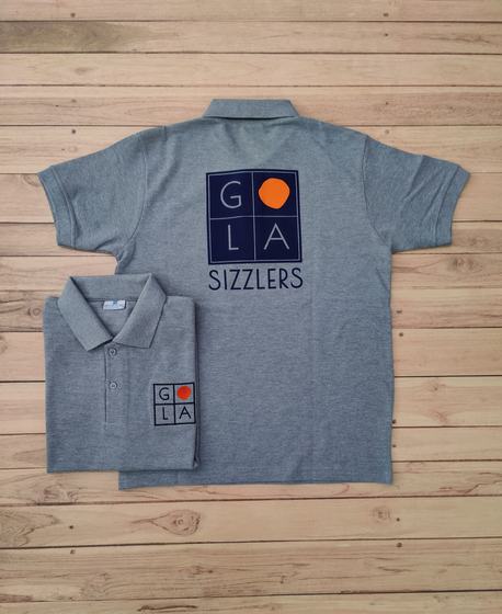Light grey melange polo t-shirts with navy grid logo on back and chest, custom made for Gola Sizzlers by RestroCart, New Delhi