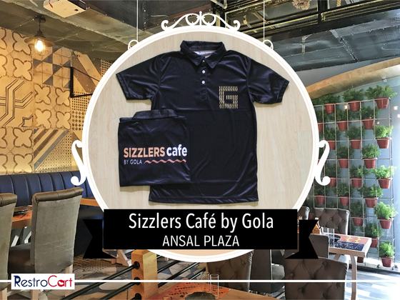 Black polo t-shirt with large grey number print on the chest, with a folded logo apron, custom made for Gola Sizzlers by RestroCart, New Delhi
