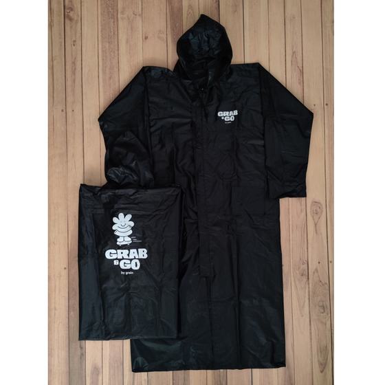 Black hooded raincoat with matching pouch and white printed mascot logo, laid flat, custom made for Grab & Go by RestroCart, New Delhi