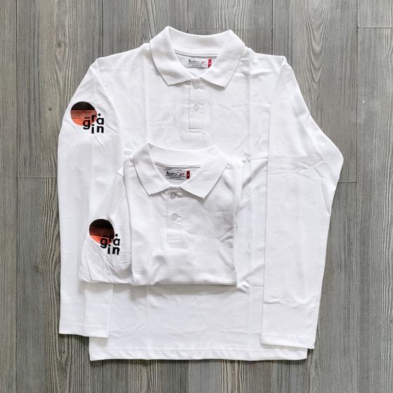 White full sleeve polo t-shirts with round colour-block logo on sleeve, two sizes, custom made for Grain by RestroCart, New Delhi