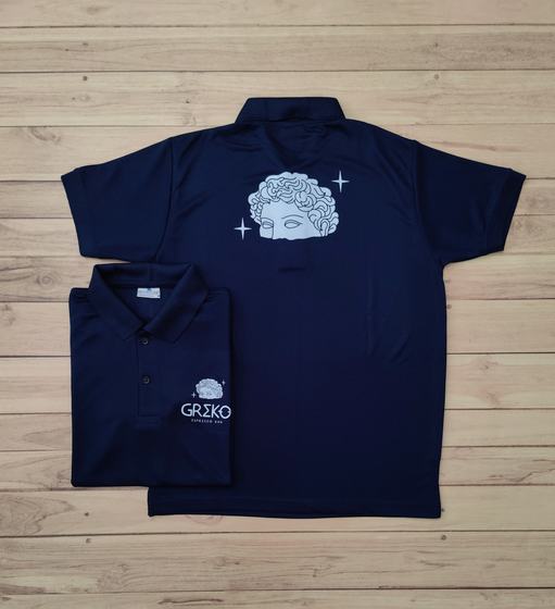Navy dry-fit polo t-shirts with white statue head print on back and chest logo, custom made for Greko Espresso Bar by RestroCart, New Delhi
