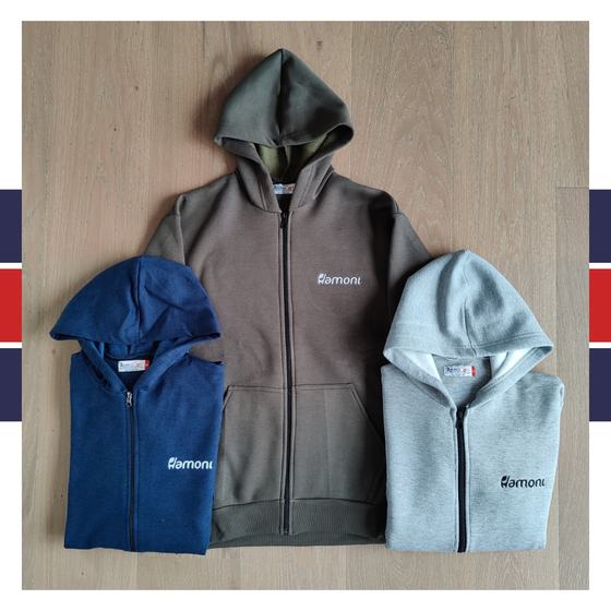Navy, olive brown and light grey zip hoodies with small printed logo on chest, three laid flat, custom made for Hamoni Cafe by RestroCart, New Delhi