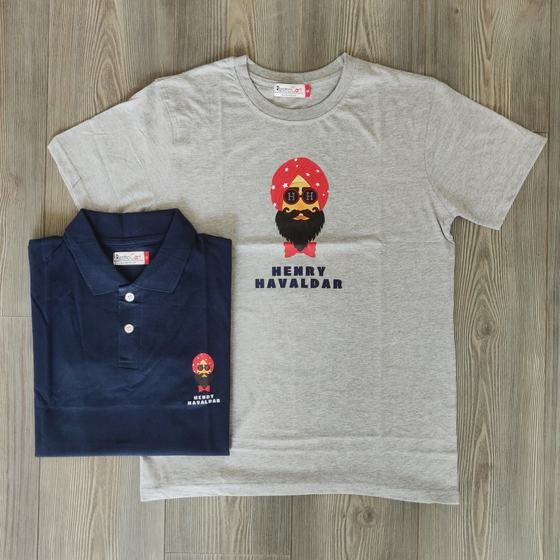 Grey round neck t-shirt with large turbaned mascot print and navy polo with small chest logo, custom made for Henry Havaldar by RestroCart, New Delhi