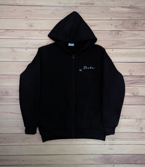 Black zip-up hoodie with white embroidered script name on the chest, laid flat on wood, custom made by RestroCart, New Delhi
