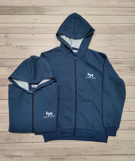 Heather blue hooded zip jackets with grey lined hoods and white printed chest logo, custom made by RestroCart, New Delhi