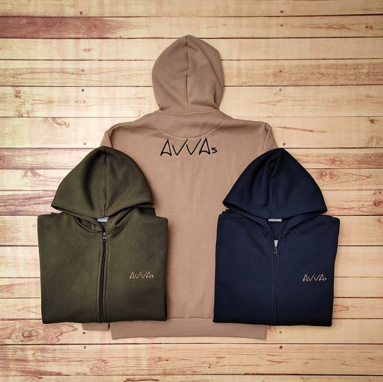 Olive, beige and navy fleece hoodies with embroidered wordmark, two zip-ups and one pullover back, custom made by RestroCart, New Delhi