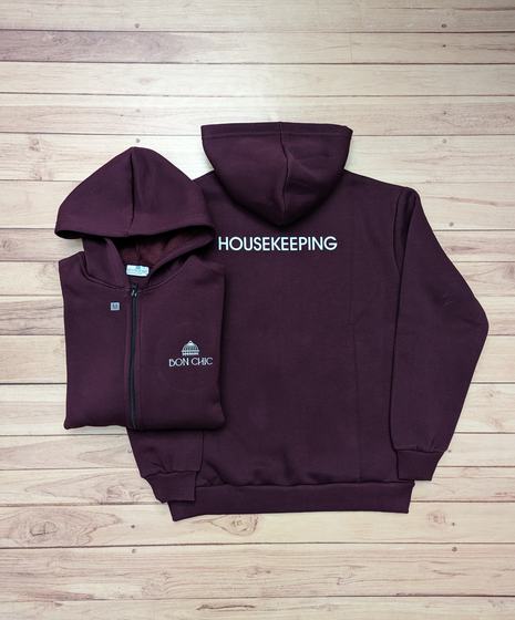 Plum fleece hoodies with white housekeeping text on the back and small chest logo, zip-up and pullover, custom made by RestroCart, New Delhi