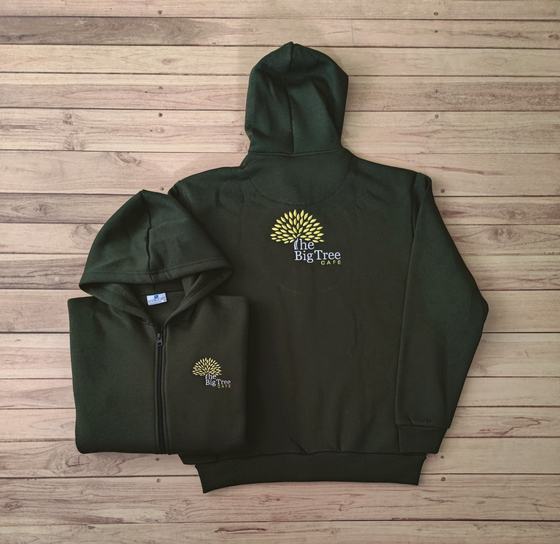 Olive green zip hoodies with yellow and white embroidered tree logo on back and chest, custom made by RestroCart, New Delhi