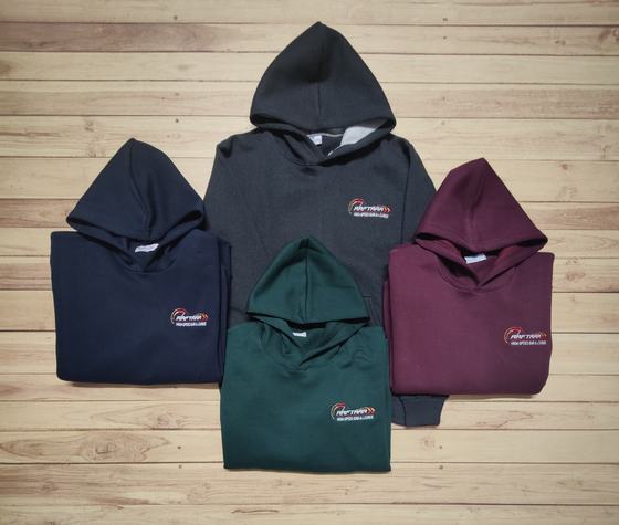 Four hoodies in navy, charcoal, bottle green and maroon with red and white embroidered logo, custom made by RestroCart, New Delhi