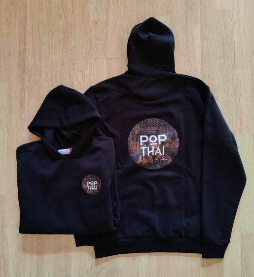 Black hoodies with large round printed back graphic and small chest patch, front and back view, custom made by RestroCart, New Delhi