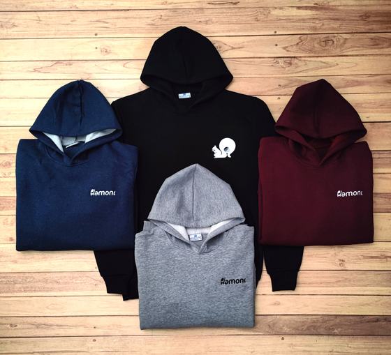 Four pullover hoodies in navy, black, grey and maroon with white printed logo, custom made by RestroCart, New Delhi