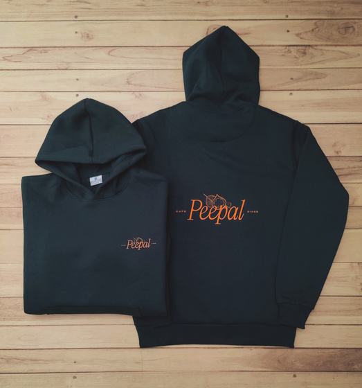 Bottle green hoodies with orange embroidered leaf logo and text on back and chest, custom made by RestroCart, New Delhi