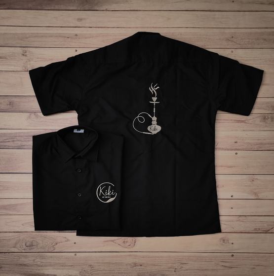 Black half-sleeve shirts with hookah line-art embroidery, custom hookah and shisha lounge staff uniforms by RestroCart