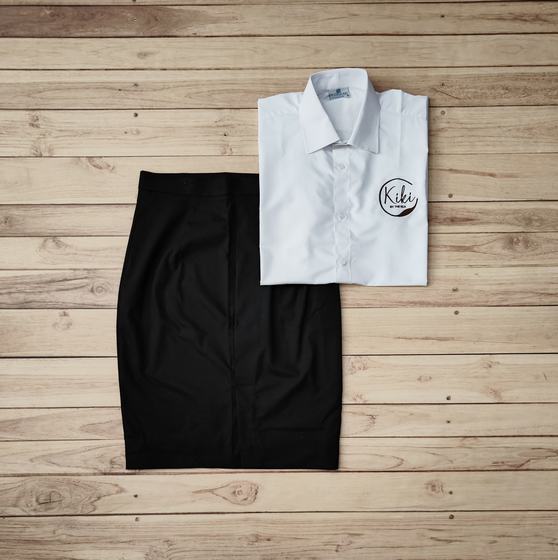 Women's service uniform set with a white shirt with a small chest logo and a black knee-length pencil skirt, made by RestroCart, New Delhi